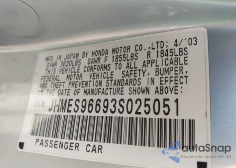 2003 Honda Civic Hybrid from USA, damaged, VIN JHMES96693S025051